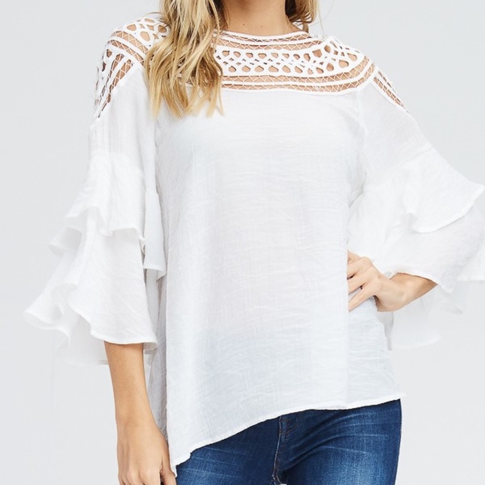 Tiered Ruffle Sleeve Top with Crochet Neck Line